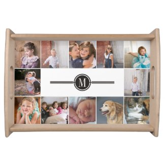 Photo collage of 12 photos and monogram serving tray