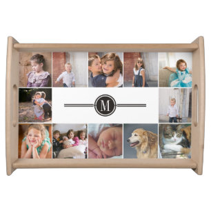 Photo collage of 12 photos and monogram serving tray