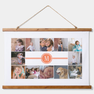 Photo collage of 12 photos coral monogram hanging tapestry