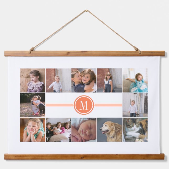 Photo collage of 12 photos coral monogram hanging tapestry (Front)