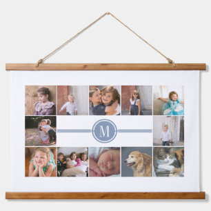 Photo collage of 12 photos dusty blue monogram hanging tapestry