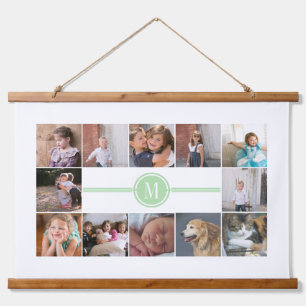 Photo collage of 12 photos mint green monogram hanging tapestry