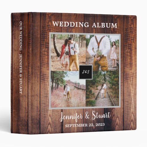 Photo collage on rustic barn wood Wedding 3 Ring Binder
