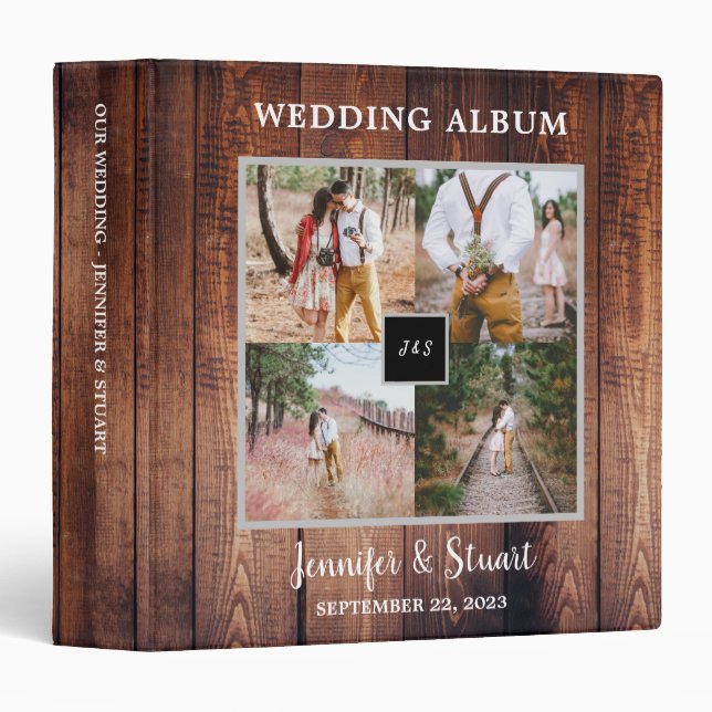 Photo collage on rustic barn wood Wedding 3 Ring Binder (Front/Spine)