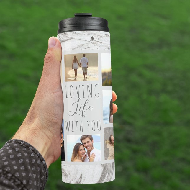 Photo Collage on White and Grey Marble Thermal Tumbler (Creator Uploaded)