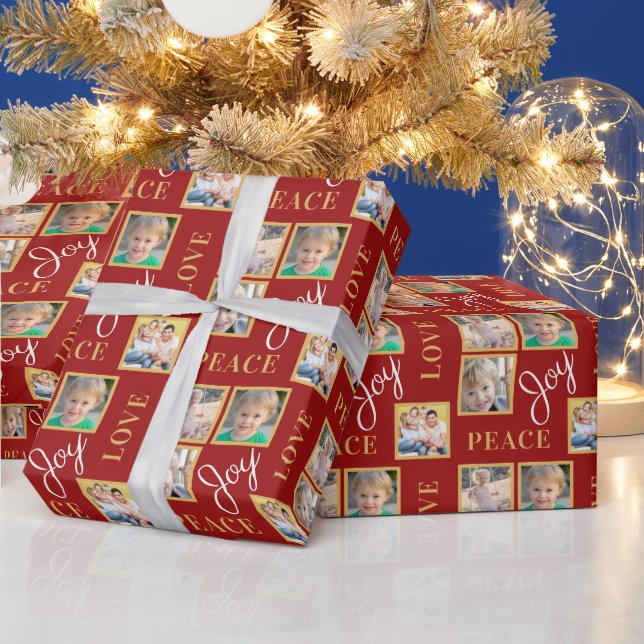 Photo Collage Peace Love Joy Green Christmas Wrapping Paper (Holidays)