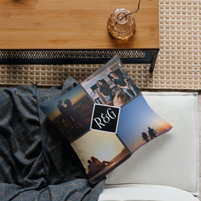 Photo Collage Personalized 4 Photo Monogram Throw Pillow (Creator Uploaded)