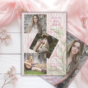 Photo Collage Personalized 4 Photo Pink Graduation Announcement