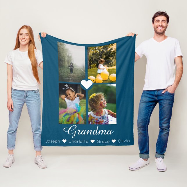Photo Collage Personalized 4 Photos With Hearts Fleece Blanket (In Situ)