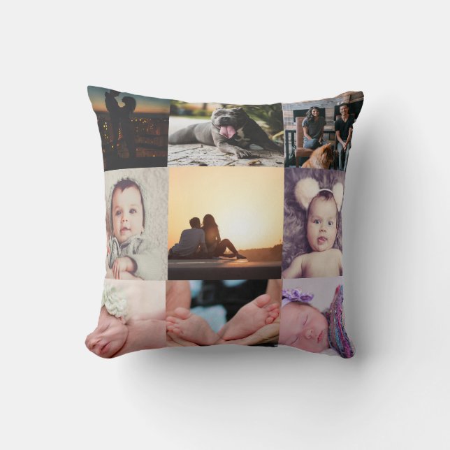 Photo Collage Personalized 9 Photo Throw Pillow (Front)
