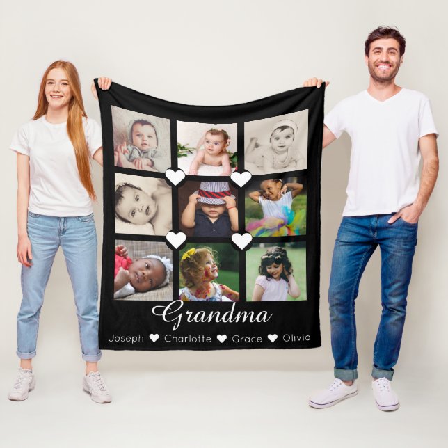 Photo Collage Personalized 9 Photos With Hearts Fleece Blanket (In Situ)
