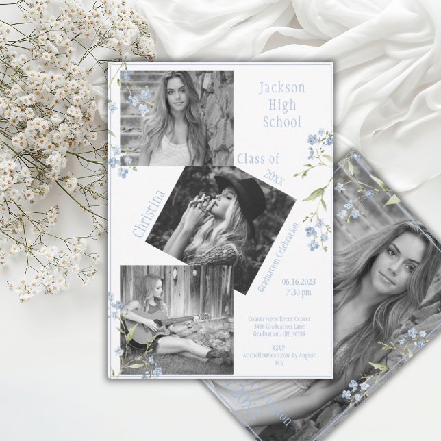 Photo Collage Personalized Blue 4 Photo Graduation Announcement (Creator Uploaded)