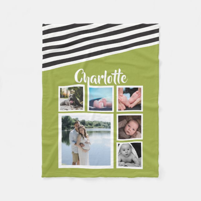 Photo Collage Personalized Bright Green Striped Fleece Blanket (Front)
