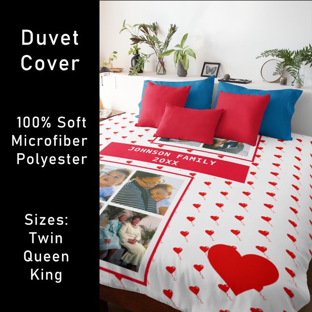 Photo Collage Personalized Family Name & Red Heart Duvet Cover (Photo Collage Personalized Family Name & Red Heart Duvet Cover)