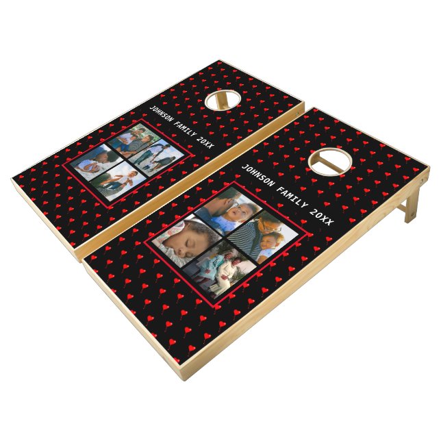 Photo Collage Personalized Family Red Hearts Black Cornhole Set (Angled)