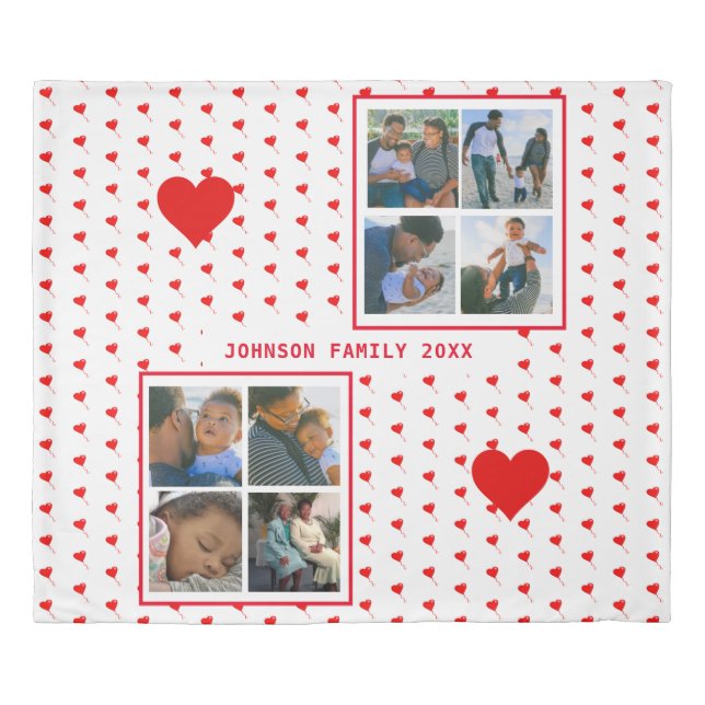 Photo Collage Personalized Family Red Hearts King Duvet Cover (Front)