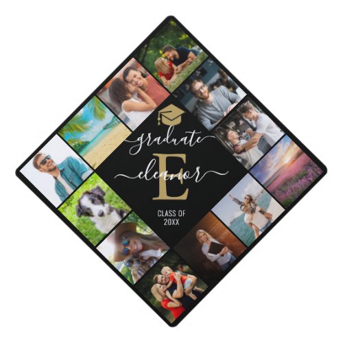 Photo Collage Personalized Gold Monogram Name Year Graduation Cap Topper