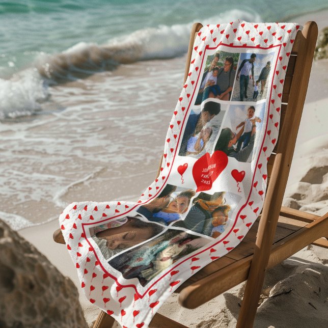 Photo Collage Personalized Red Heart & Name White Beach Towel (Photo Collage Personalized Red Heart & Name White Beach Towel)