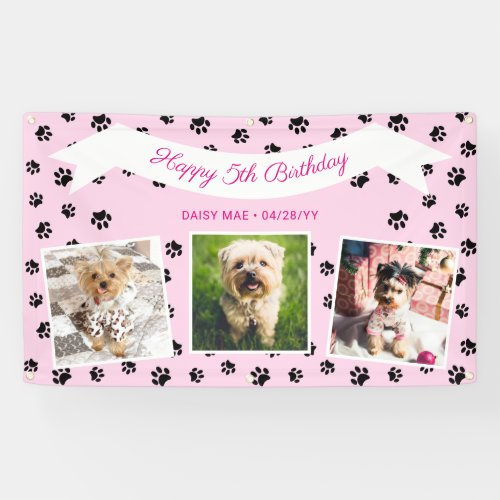 Photo Collage Pink Black Paw Prints Pet Birthday Banner