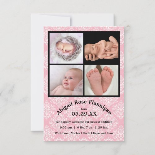 Photo Collage Pink Damask_3x5 Birth Announce Announcement