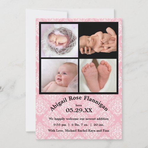 Photo Collage Pink Damask_Birth Announcement