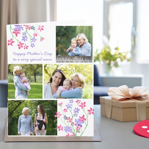Photo Collage Pink Ditsy Floral Editable Card