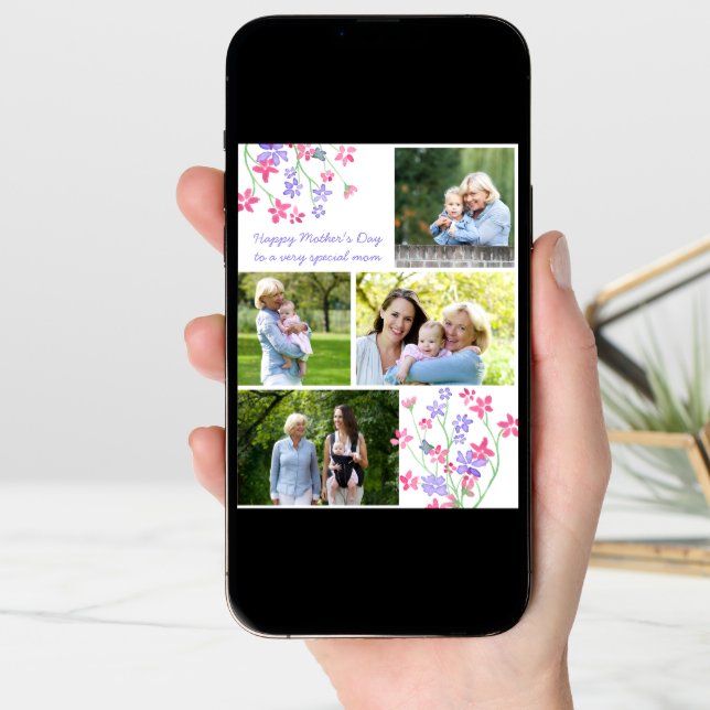 Photo Collage Pink Ditsy Floral Editable Card (Front Digital)