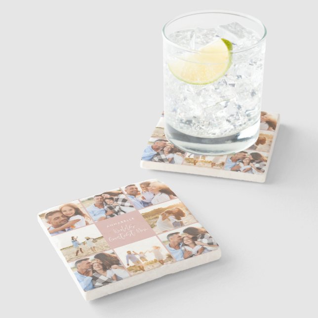 Photo collage pink girly modern mothers day stone coaster (Side)