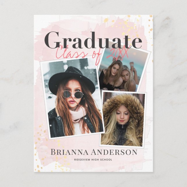 Photo Collage Pink Graduation Announcement Postcard (Front)