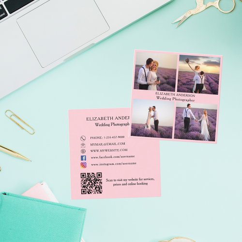 Photo collage pink QR code social media Square Business Card