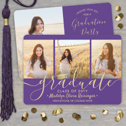 Photo Collage Purple and Gold Graduation Party Invitation