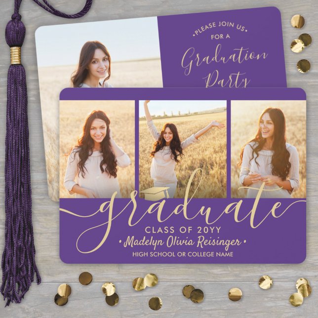 Photo Collage Purple and Gold Graduation Party Invitation (Creator Uploaded)