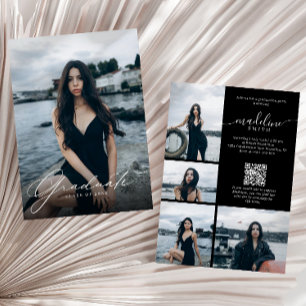 Photo Collage QR code Black White Graduation Party Invitation