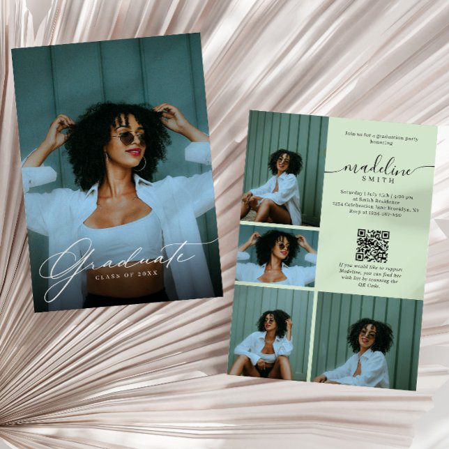 Photo Collage QR code Green Graduation Party Invitation (Creator Uploaded)