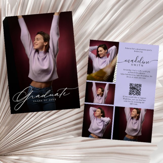 Photo Collage QR code Purple Graduation Party Invitation (Creator Uploaded)