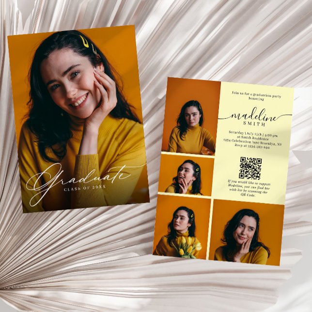 Photo Collage QR code Yellow Graduation Party Invitation (Creator Uploaded)