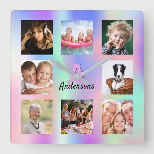 Photo collage rainbow family monogram holographic square wall clock