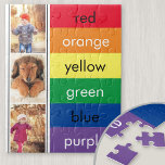 Photo Collage Rainbow Learn Colors Personalized Jigsaw Puzzle<br><div class="desc">Learning through play - personalized photo jigsaw puzzle with rainbow colors. The photo template is set up for you to add three of your favorite pictures, which will be displayed in portrait format on a black and white bordered background. The color blocks are each lettered with the name of the...</div>