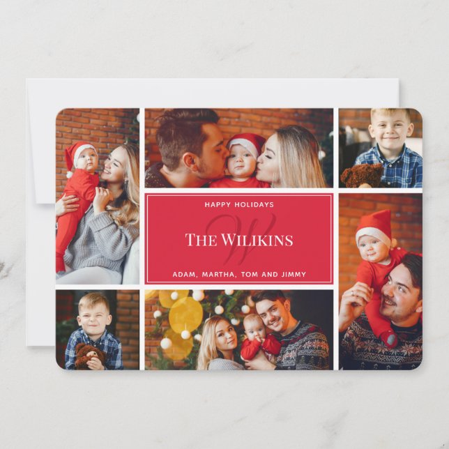 Photo Collage Red Christmas Family Monogram Card (Front)