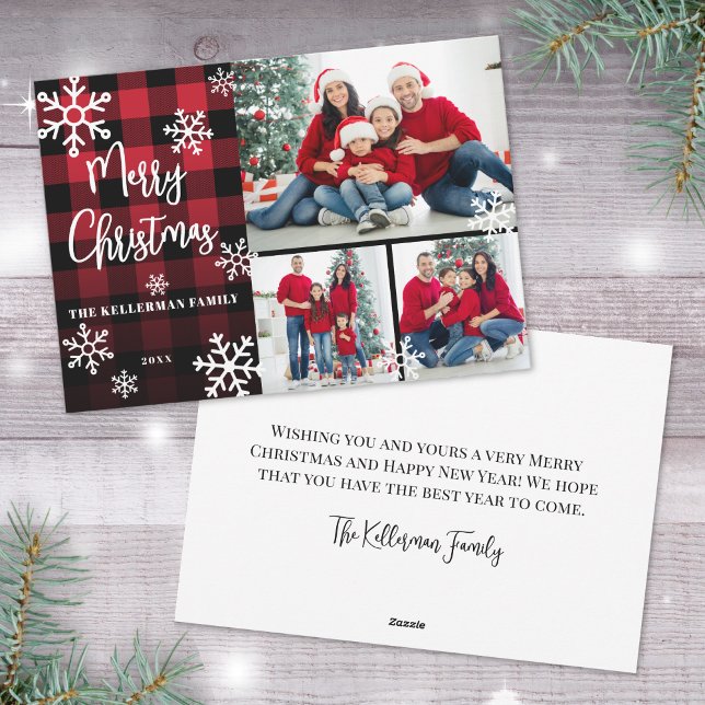 Photo Collage Red Christmas Holiday Card (Photo Collage Red Plaid Merry Christmas Holiday Card)