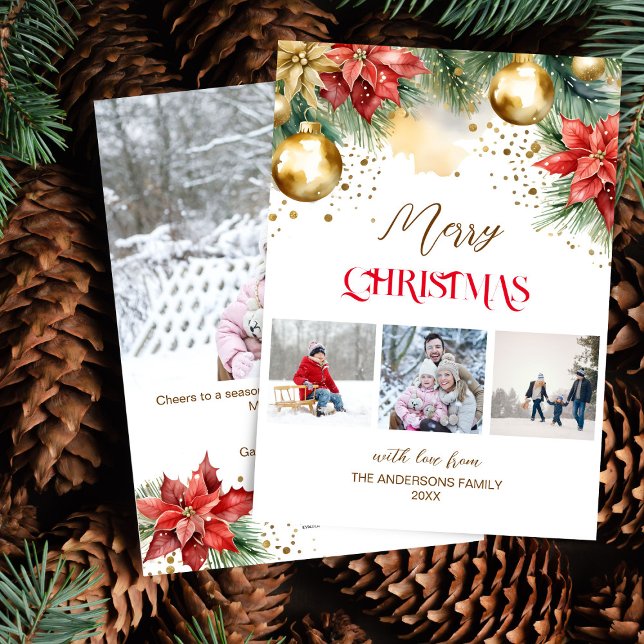 Photo collage red gold poinsettia Christmas Holiday Card (Photo collage red gold poinsettia Christmas Holiday Card photo card watercolor pines gold baubles)