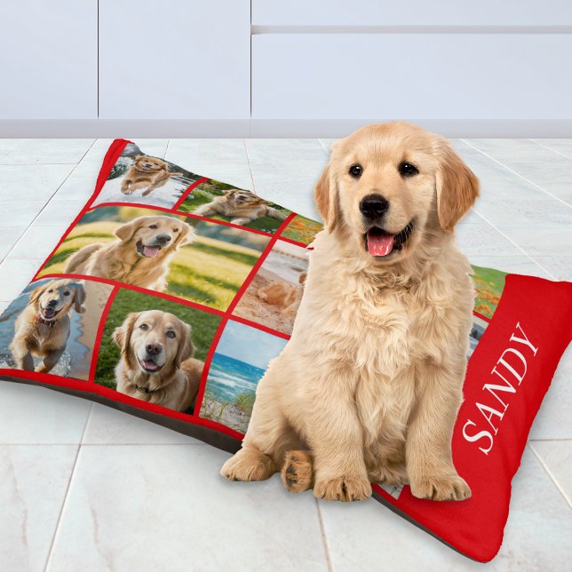 Photo Collage Red Personalized Name Dog Pet Bed (A modern, stylish dog bed in bright red, with custom photo collage and your pet's name)