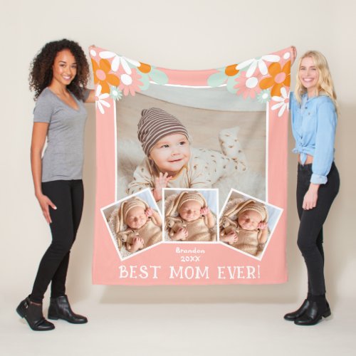 Photo Collage Retro Flowers Best Mom Ever Fleece Blanket