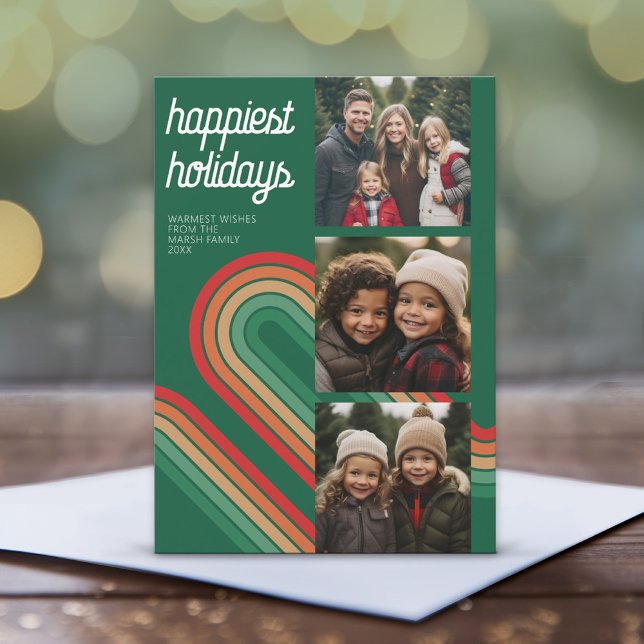 Photo Collage - Retro Stripes Arch - Happiest  Holiday Card (3 Photo Christmas Card with Retro Stripe Design - Print or Instant Download)
