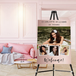 Photo collage rose gold birthday party welcome foam board