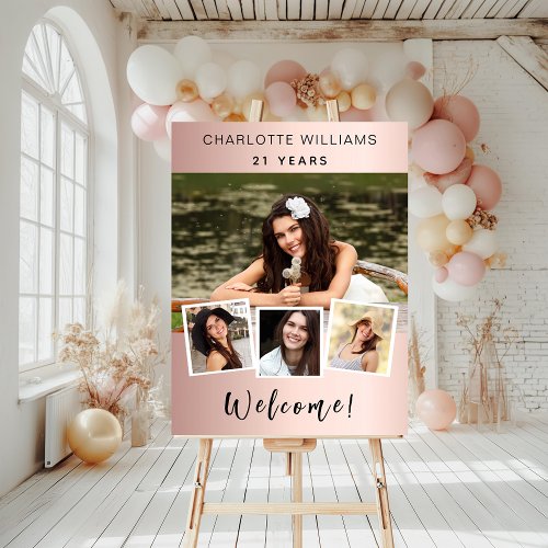 Photo collage rose gold birthday party welcome foam board
