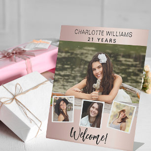 Photo collage rose gold birthday party welcome pedestal sign