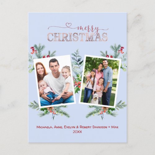 Photo Collage Rose Gold Green Merry Christmas   Holiday Postcard