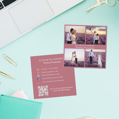 Photo collage rose gold QR code social media Square Business Card