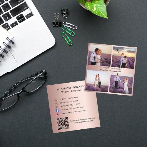 Photo collage rose gold QR code social media Square Business Card